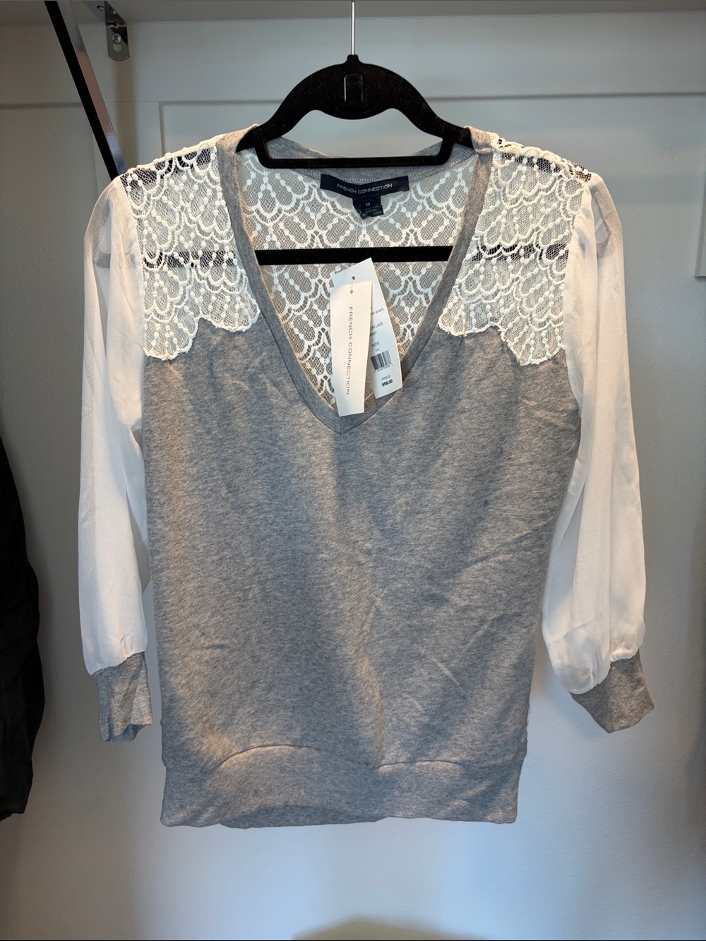 French Connection Gray Pullover with White Lace Yoke and Sheer Sleeves